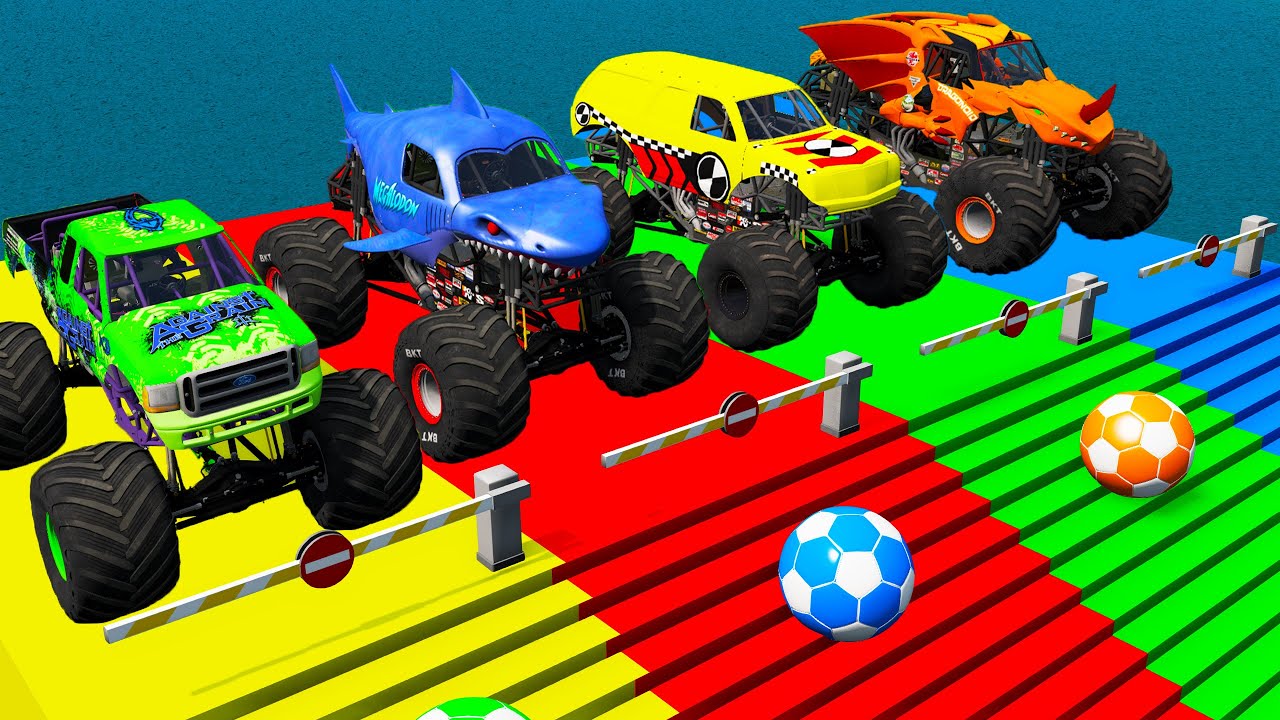 5 MONSTER TRUCKS vs Big & Small: Lightning Mcqueen vs Slide Colors with Thomas Trains - BeamNG.Drive