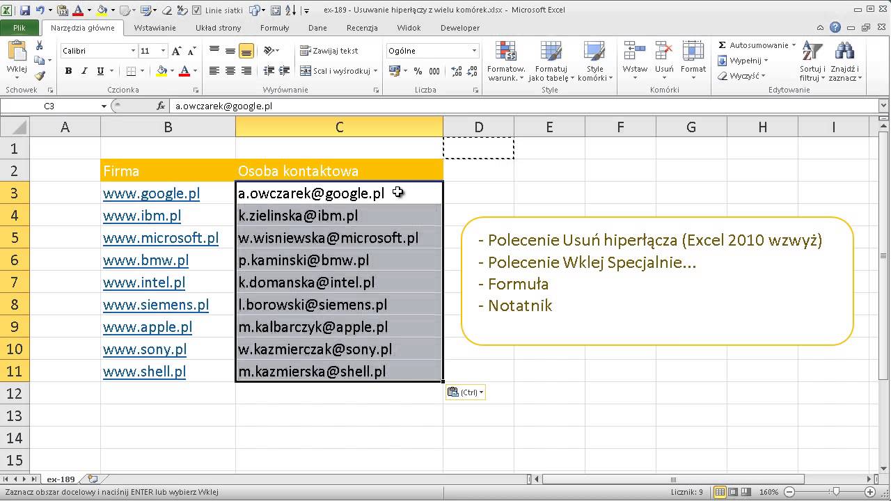 excel-189 - Usuwanie hiperłączy z wielu komórek jednocześnie