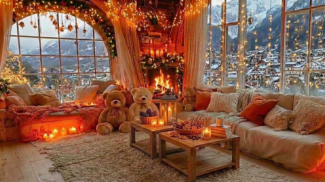 Calm Snowy Cabin Atmosphere 🌨️ Warm Fireplace & Peaceful Piano for Serenity & Sleep