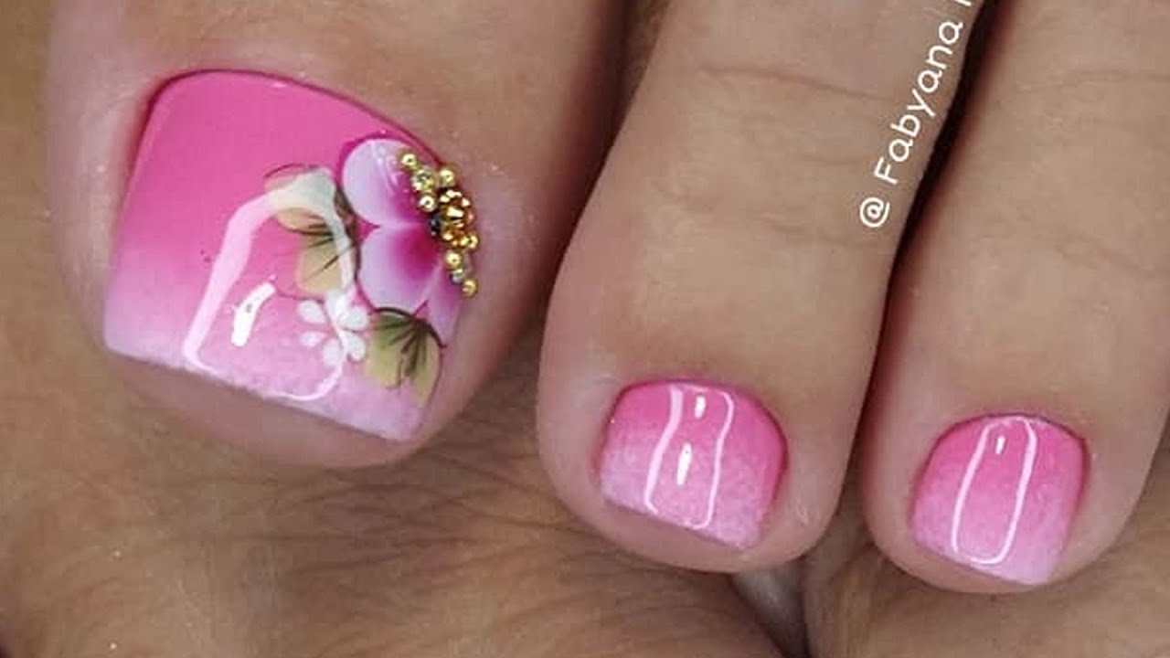 Unhas Degradê no Pé, Decoração de Flor e Pedraria