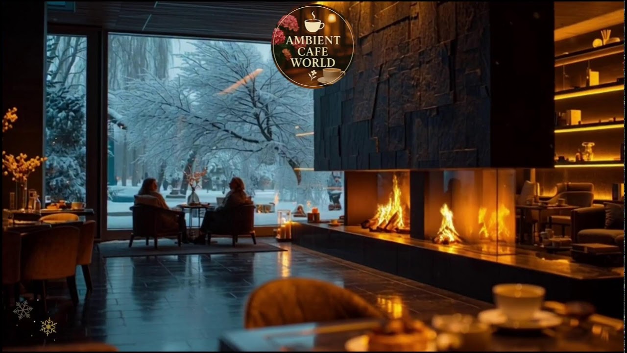 🔴 Soft Winter Jazz Music & Snowfall for Studying ⛄ Outdoor Coffee Shop Ambience with Warm Jazz Music