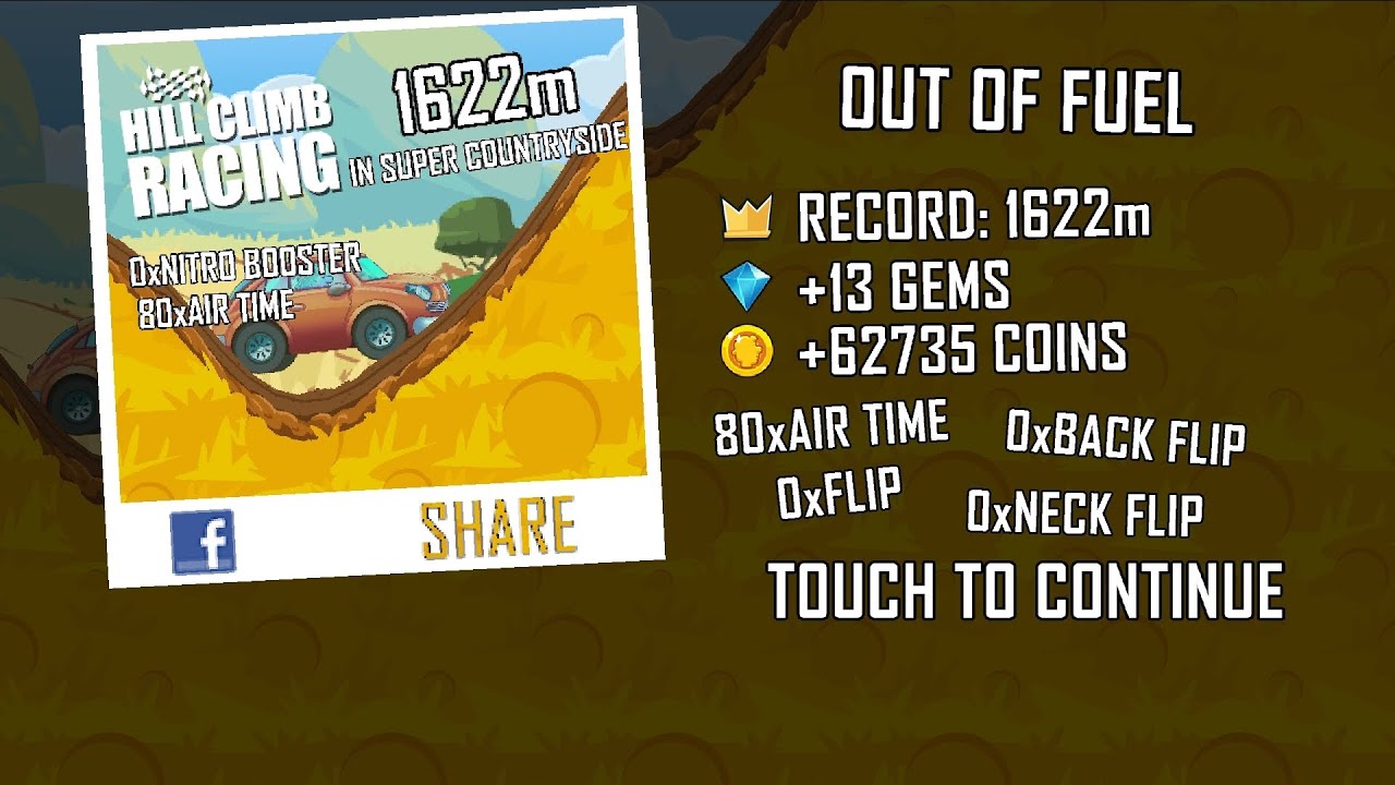 Hill Climb Racing: 1622m in Super Countryside on Used Car (no boosters, no pets, no cartapults)