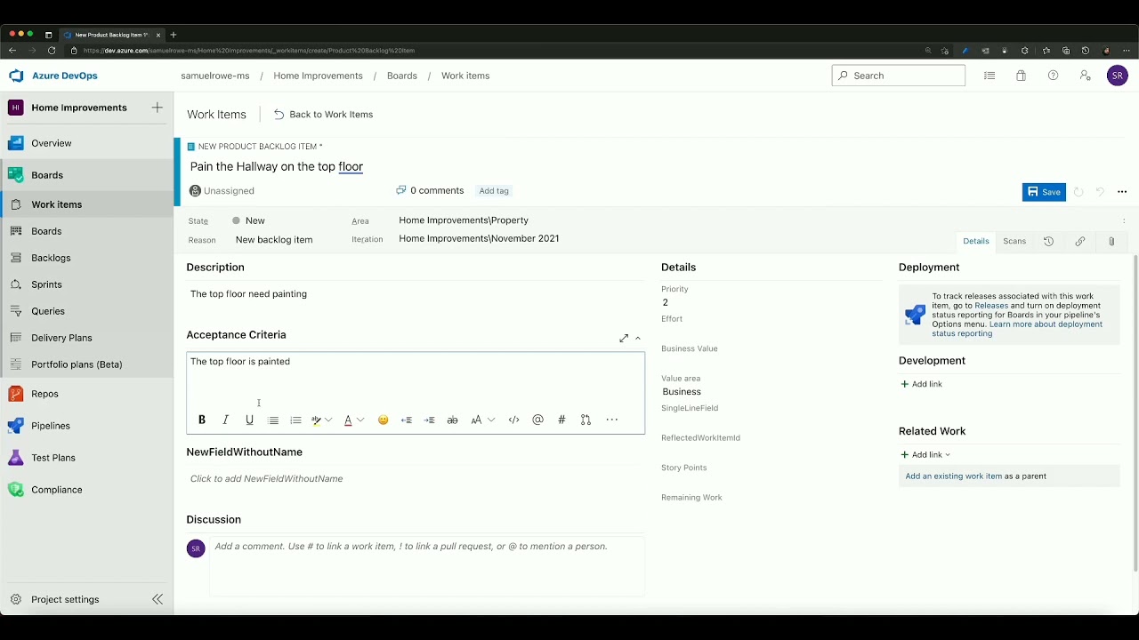 Azure DevOps Boards create a work item