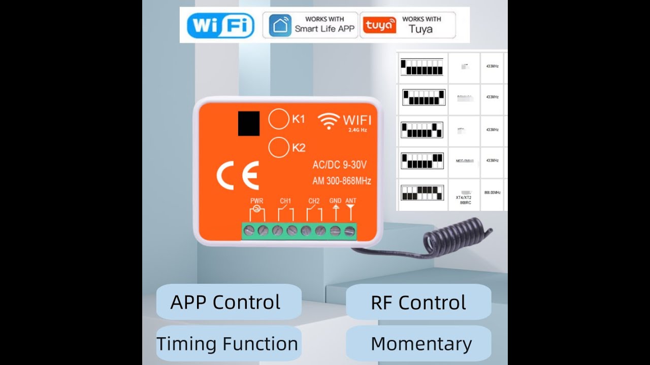 YET402WTR-MF (V3.0) TUYA Universal receiver 433M 868M WIFI 2 CH Garage door Switch  alice@szyet.com