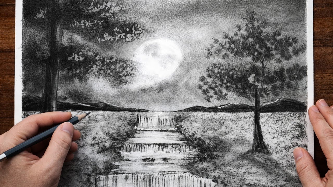 Easy Pencil Drawing of a Moonlit Landscape | Relaxing Nature Sketch #drawing #easydrawing 