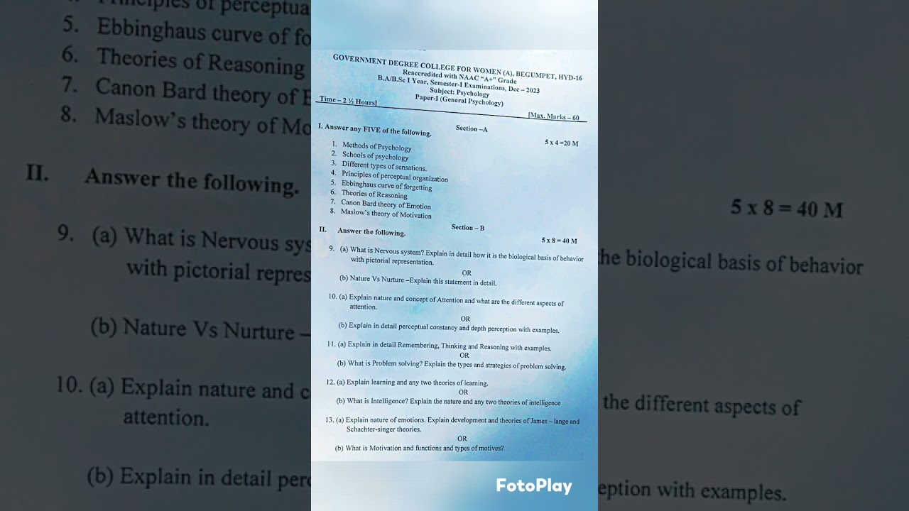 Degree 1st year Psychology Semester 1 question paper 2023