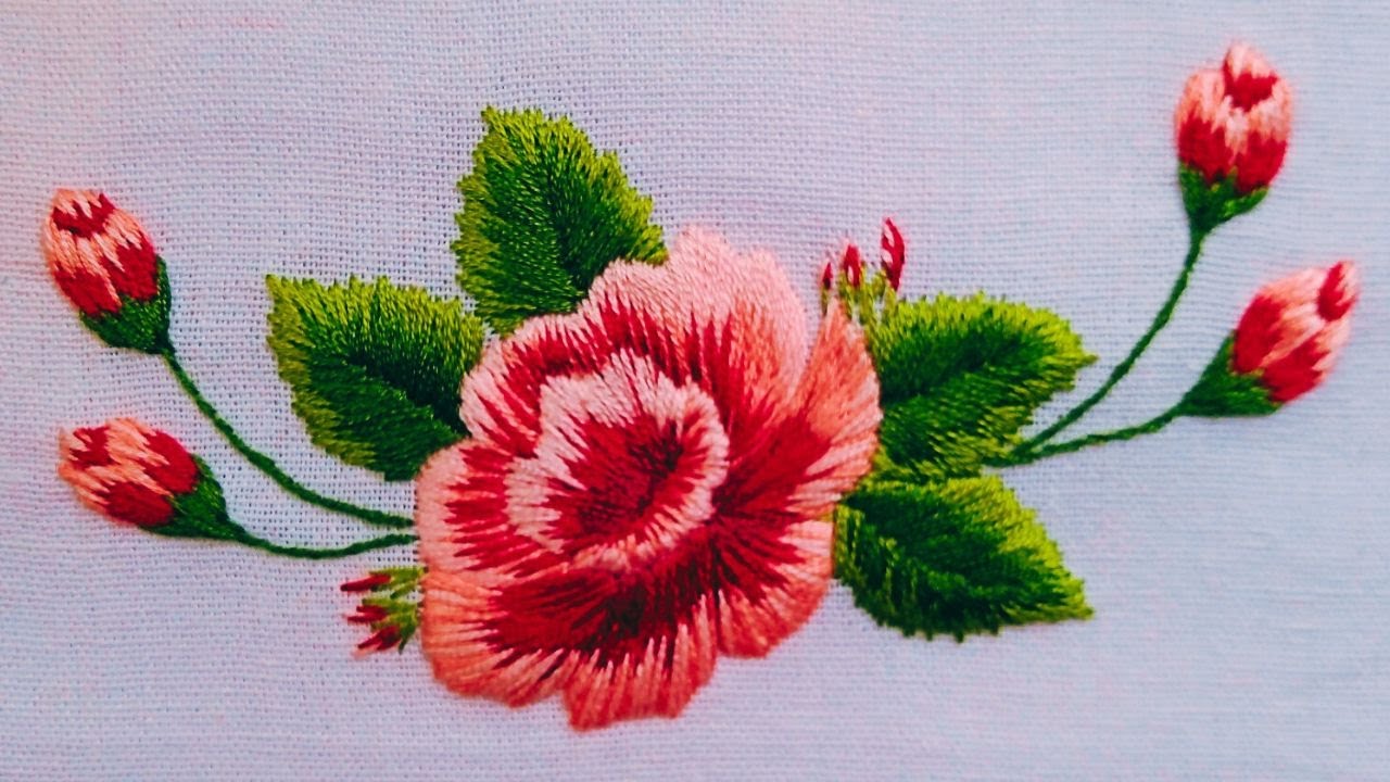 🎨  Rosa bordada em pintura de agulha / ponto matiz 🌹 bordado à mão
