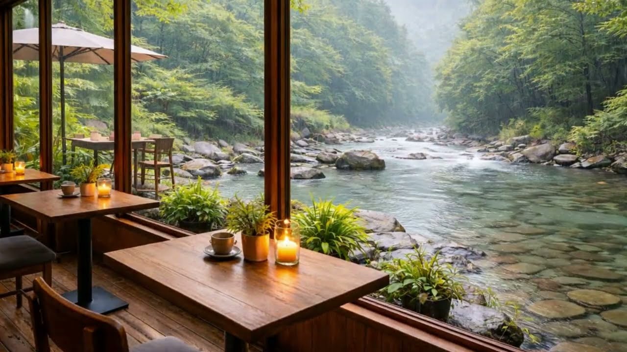 Cozy Rainy Cafe by the River (Inside View) | Ambient Lo-Fi for Study & Work – 60 Min