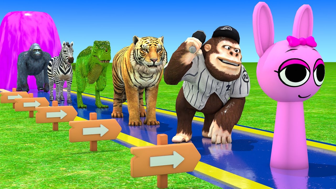Long Slide Game With Elephant Gorilla Buffalo Hippopotamus Tiger - 3d Animal Game - Funny 3d Animals