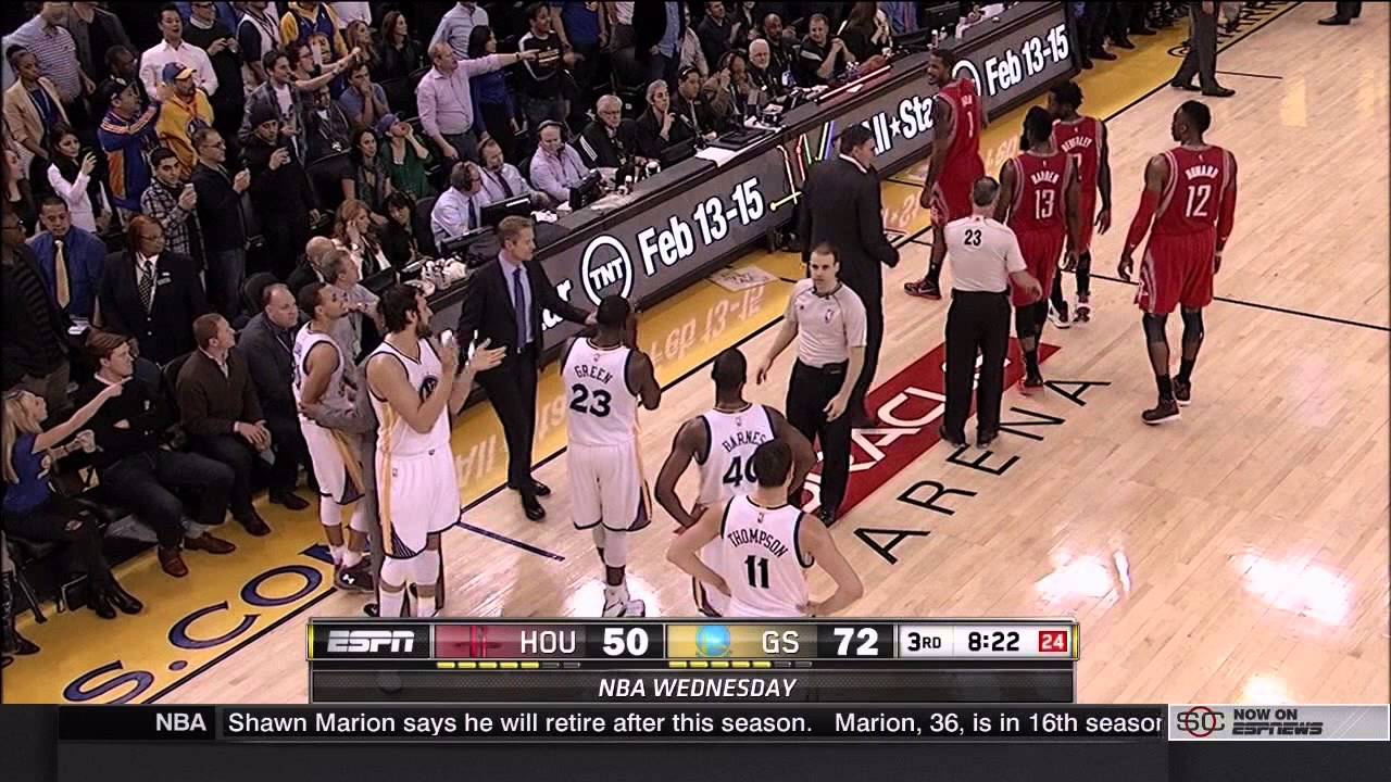 Stephen Curry held back from Trevor Ariza by Draymond Green: Rockets at Warriors