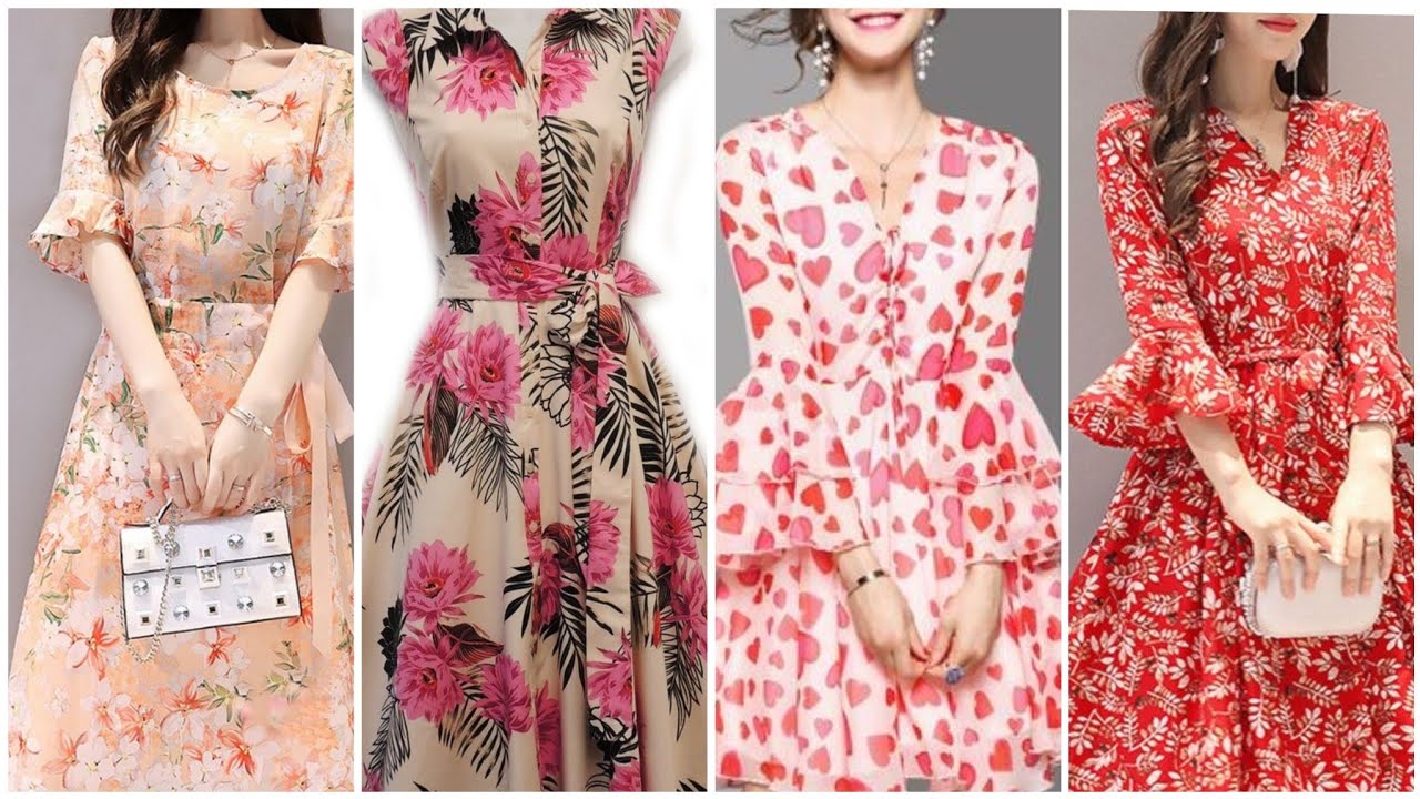 Modern style floral print chiffon fabric frill style middi dress long maxi dress collection
