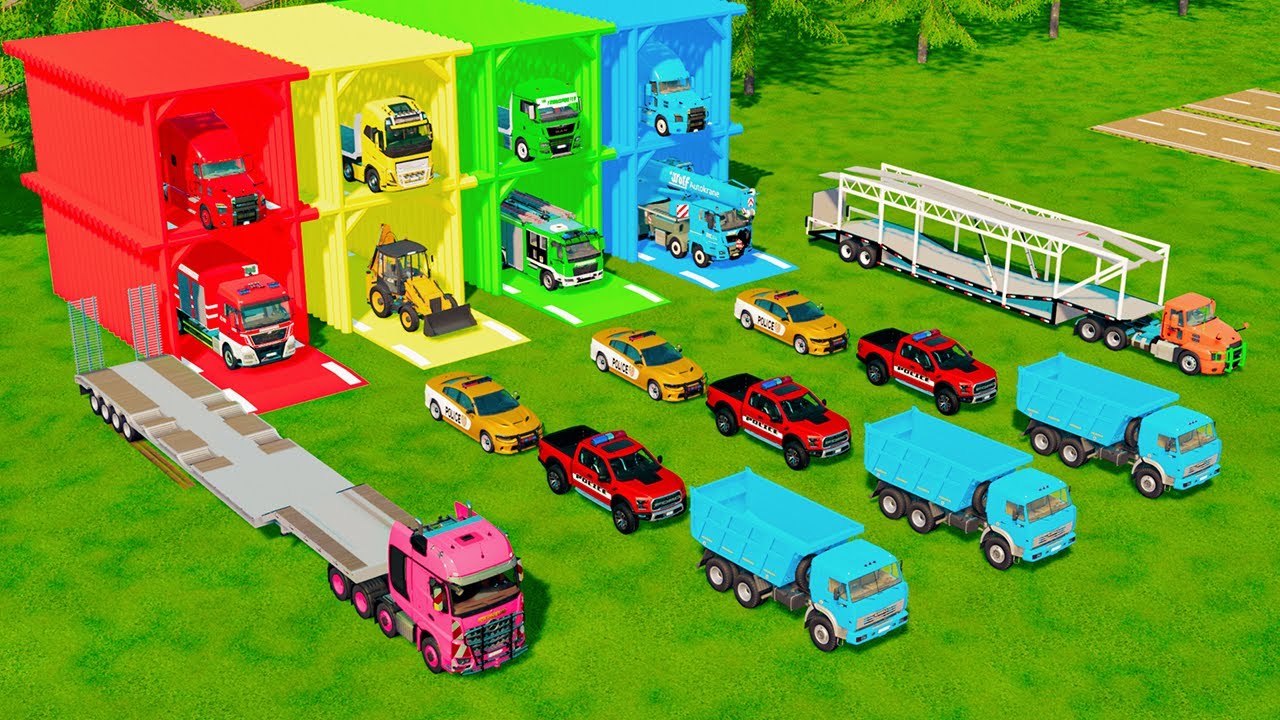 TRANSPORTING ALL POLICE CARS, FIRE AND RESCUE VEHICLES, BACKHOE LOADER, DUMP TRUCK TO GARAGE - FS22