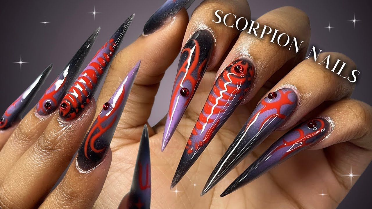 Scorpion Polygel Nails🦂❤️‍🔥🔮 Long Stiletto nails + Aura nail art | Scorpio Inspired Nails