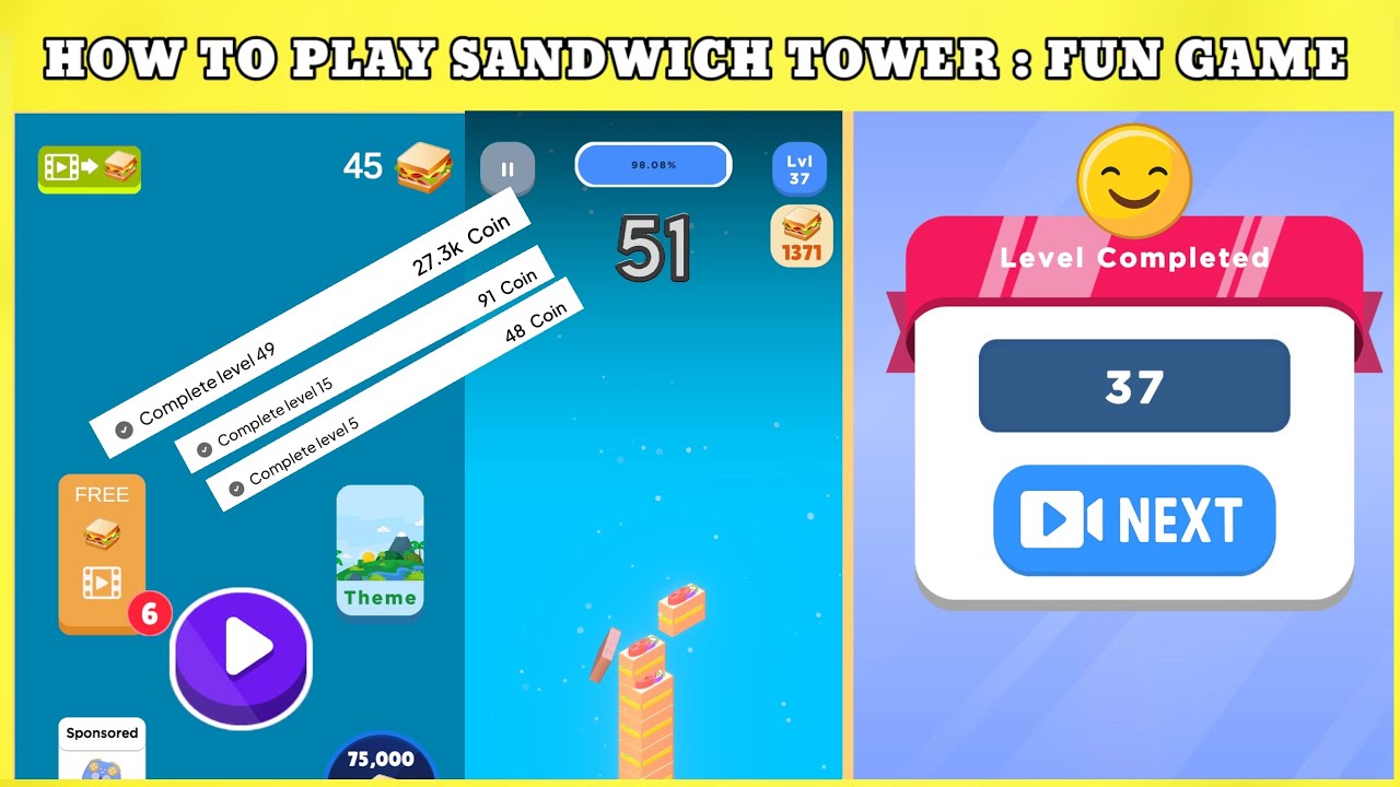 HOW TO PLAY SANDWICH TOWER ll HOW TO COMPLETE LEVEL 37 SANDWICH TOWER FUN GAME ll 