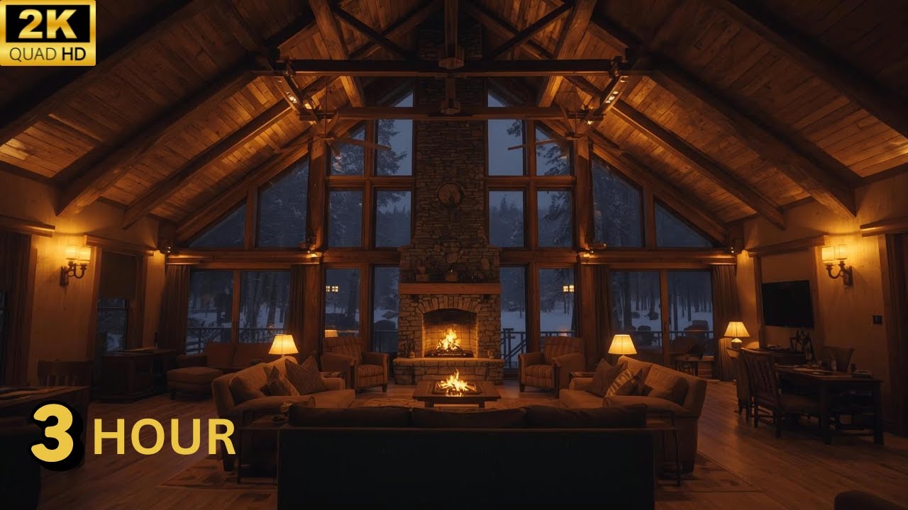 Grand Cozy Living Room With Fireplace | Warm Luxury Cabin Ambience 🔥