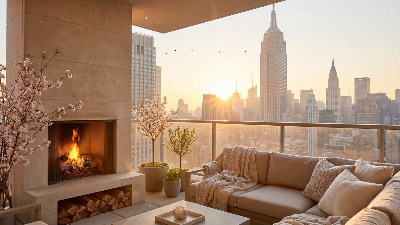 Spring Morning New York City Sunny Balcony Ambience 😌🌇🌿 (City, Fireplace Sound)