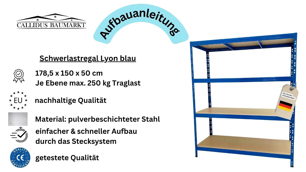 Schwerlastregal Aufbau Lyon Blau 150 x 50 cm #lagerregal #diy #ordnung #handwerk #garage #werkstatt