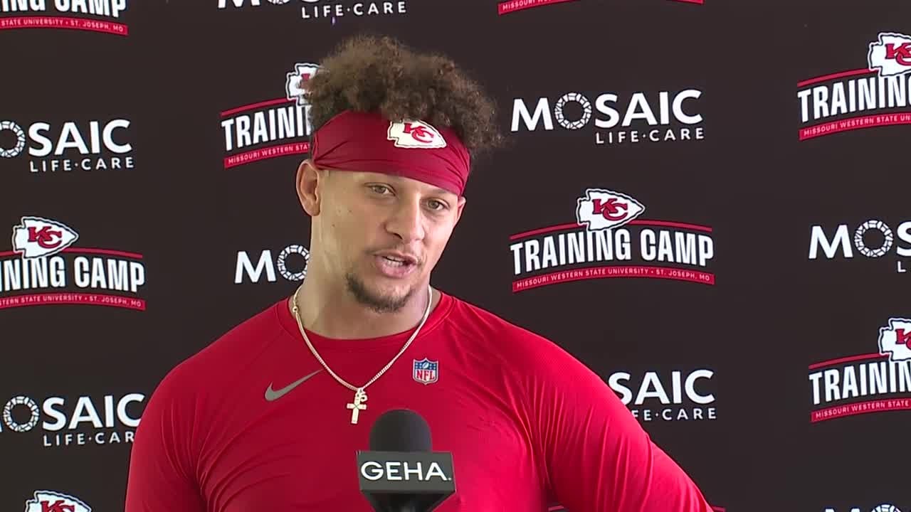 Chiefs' QB Patrick Mahomes fields questions from reporters at training camp