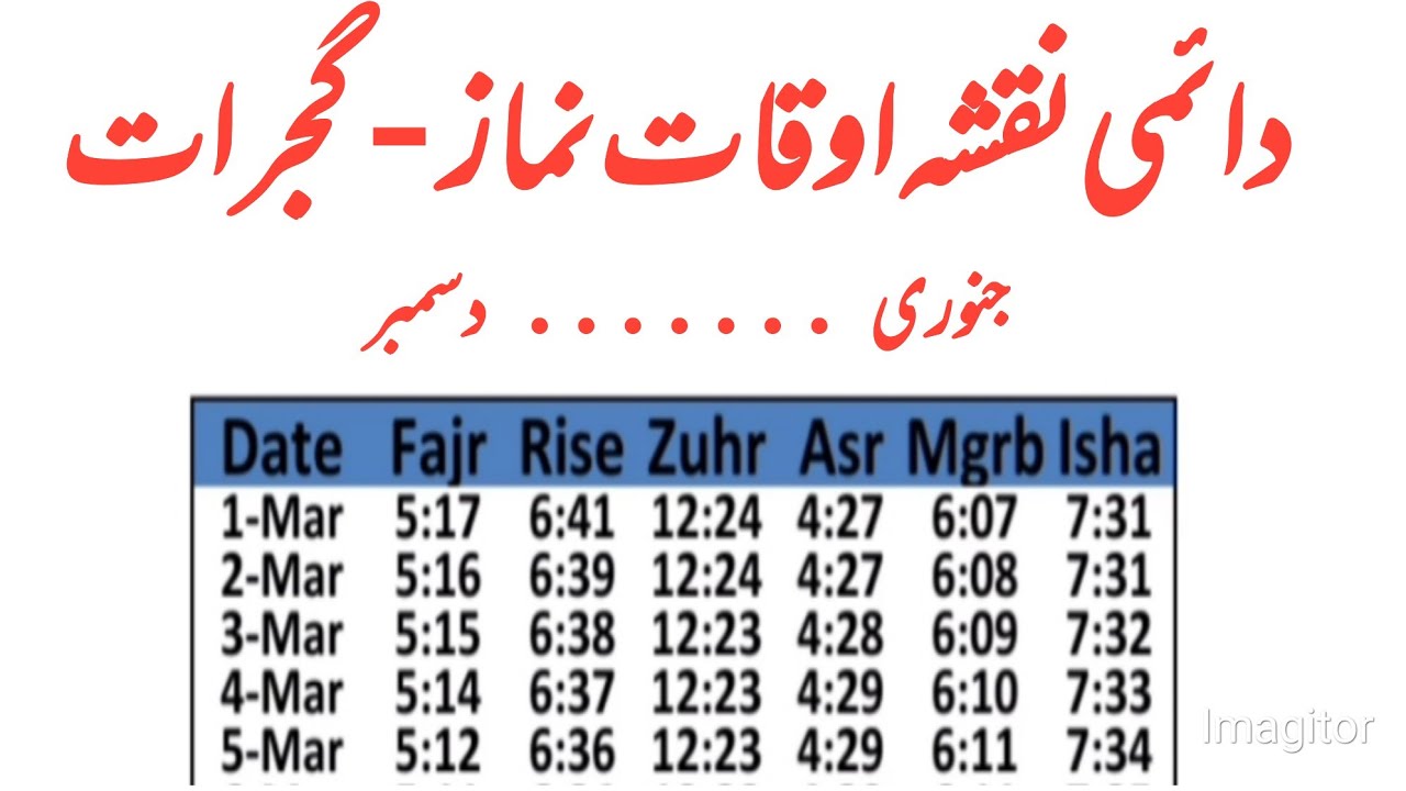 Namaz calendar Gujrat Pakistan | Namaz time Gujrat Pakistan | Prayer times Gujrat Pakistan (Yearly)