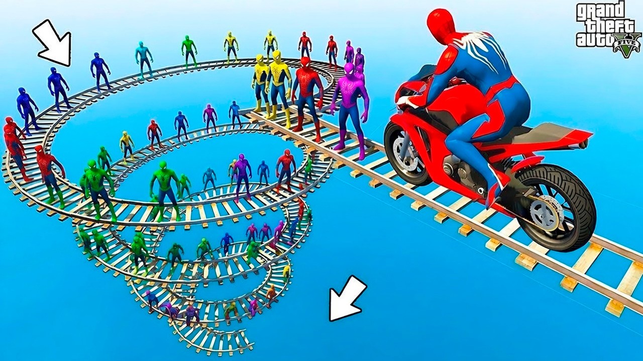 الأبطال الخارقين على القضبان دوامة قمع جسر RAINBOW SPIDER-MAN!on Motorcycle in Spiral Bridge Stunt