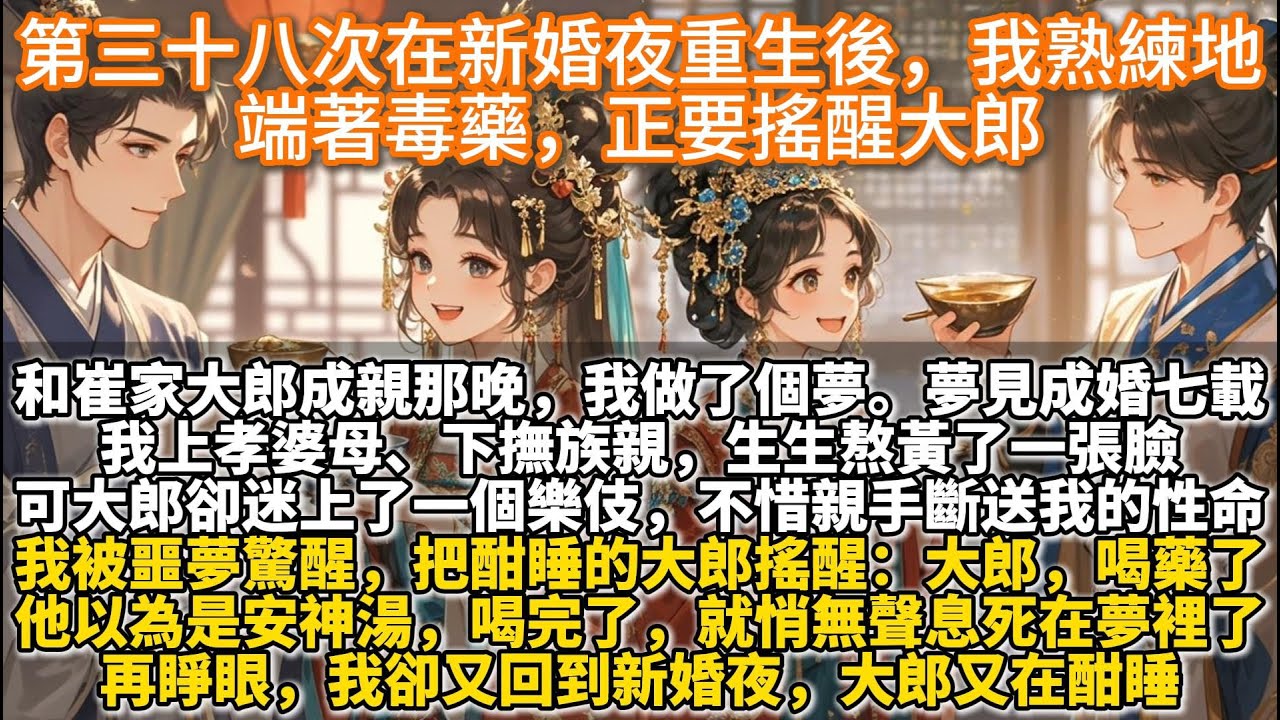 完結懸疑腦洞文：第三十八次在新婚夜重生後，我熟練地端著毒藥，正要搖醒大郎。和崔家大郎成親那晚，我做了個夢。夢見成婚七載，我上孝婆母、下撫族親，生生熬黃了一張臉。可大郎卻迷上了樂伎，不惜親手斷送我的性命