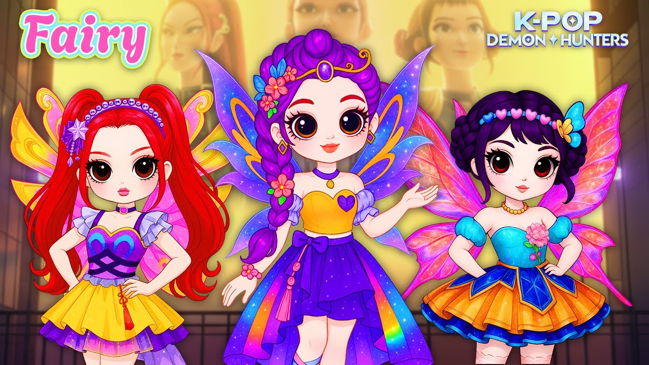 K Pop Paper DIY 💖 Rumi, Mira & Zoey Turn Into Fairy Fashion Dress Up 🎀 Hana Dolls