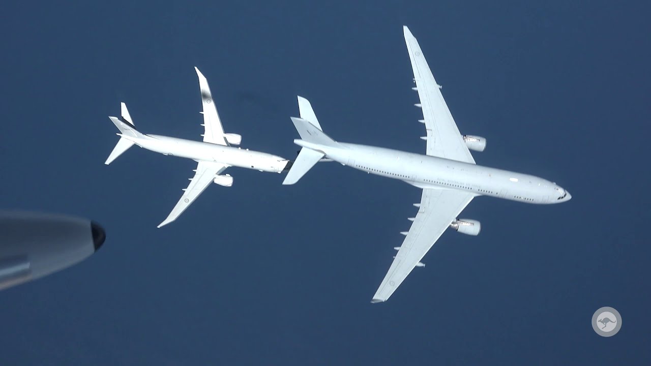 P-8A Poseidon refuels from KC-30A Multi-Role Tanker Transport - Raw Footage