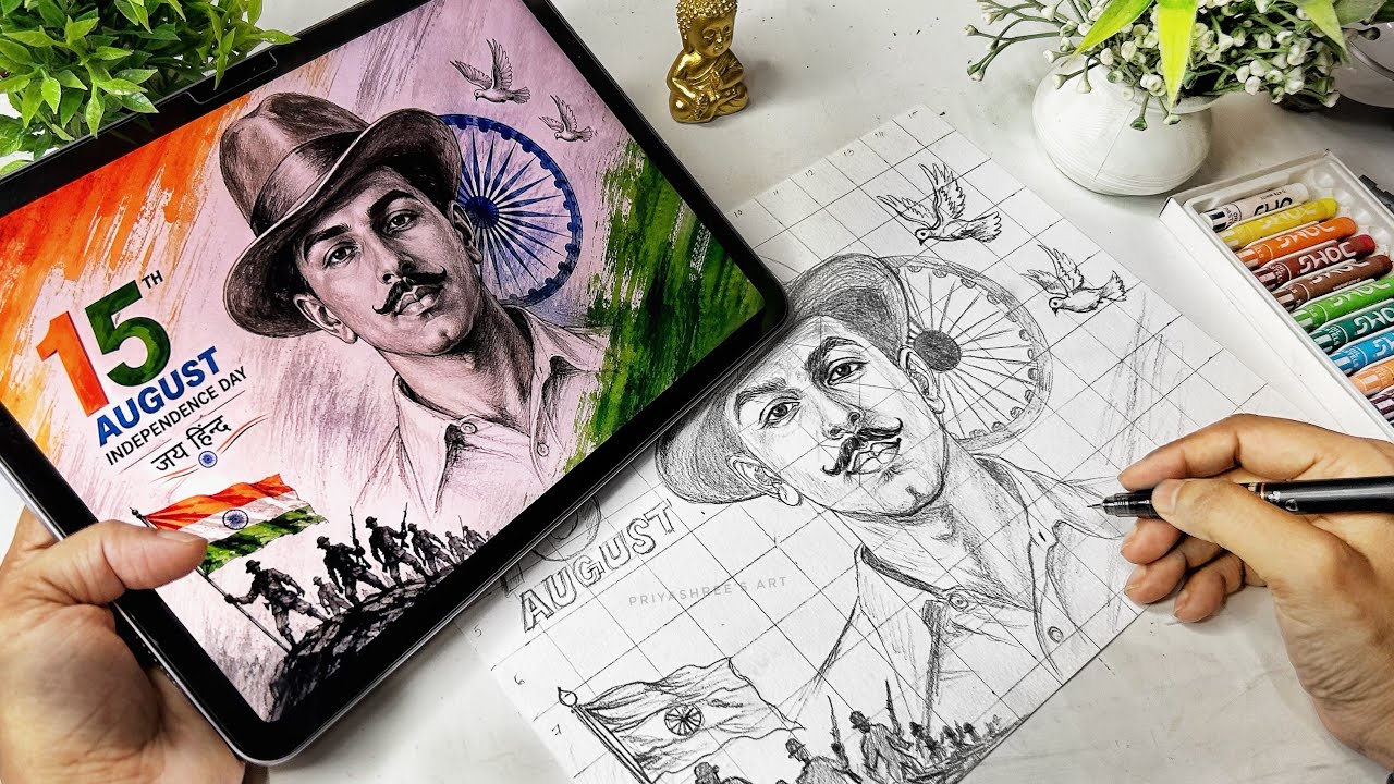 Bhagat Singh Drawing, Independence Day Drawing, How to Draw Bhagat Singh, Outline Tutorial