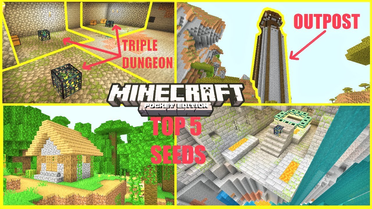Minecraft PE - TOP 5 BEST SEEDS ! Outpost IN Clouds, TRIPLE Dungeon & MORE | MCPE 1.12