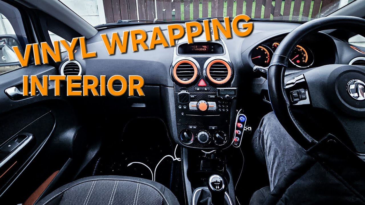 Vinyl Wrapping Interior On Vauxhall Corsa D. Radio Display Heaters Carbon And Orange