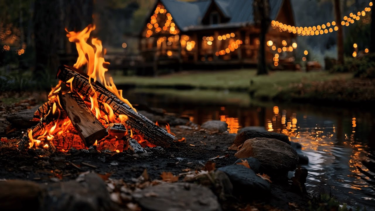 Autumn Riverside Campfire at the Forest Cabin 🔥 | Relaxing Nature Sounds ASMR 4K
