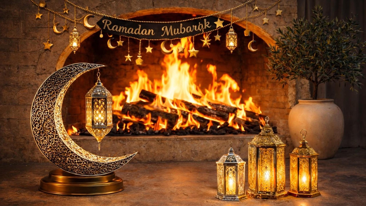 Ramadan Mubarak Tv art | Fireplace خلفية رمضان الدافئة لخلق جوٍّ من السكينة والطمأنينة