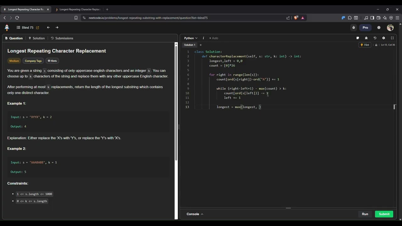 NeetCode Day 14/75 | Longest Repeating Character Replacement | Python