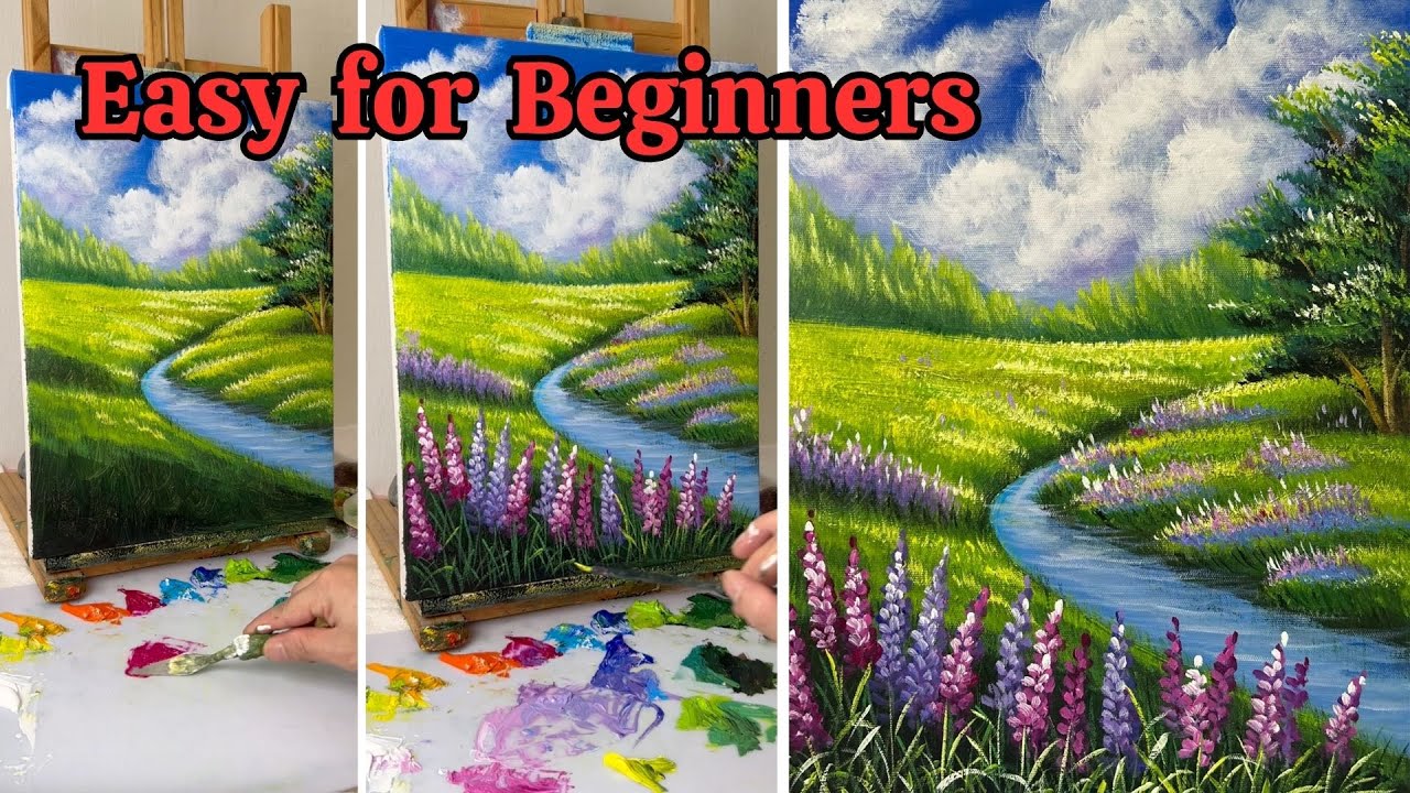 How to Paint a Peaceful River in a Flower Meadow | Easy Acrylic Landscape Tutorial