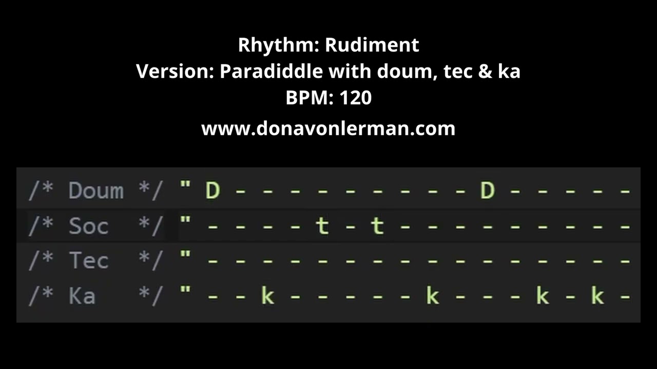 Rudiment (Paradiddle) Doum, tec, & ka -120 bpm