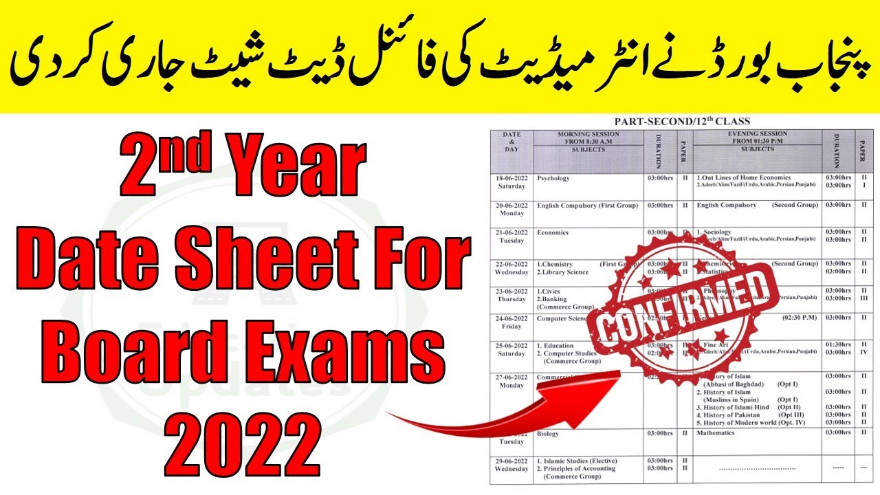 2nd Year Date Sheet 2022 | 12th Date Sheet 2022 | Board Exams 2022 | By Education Updates
