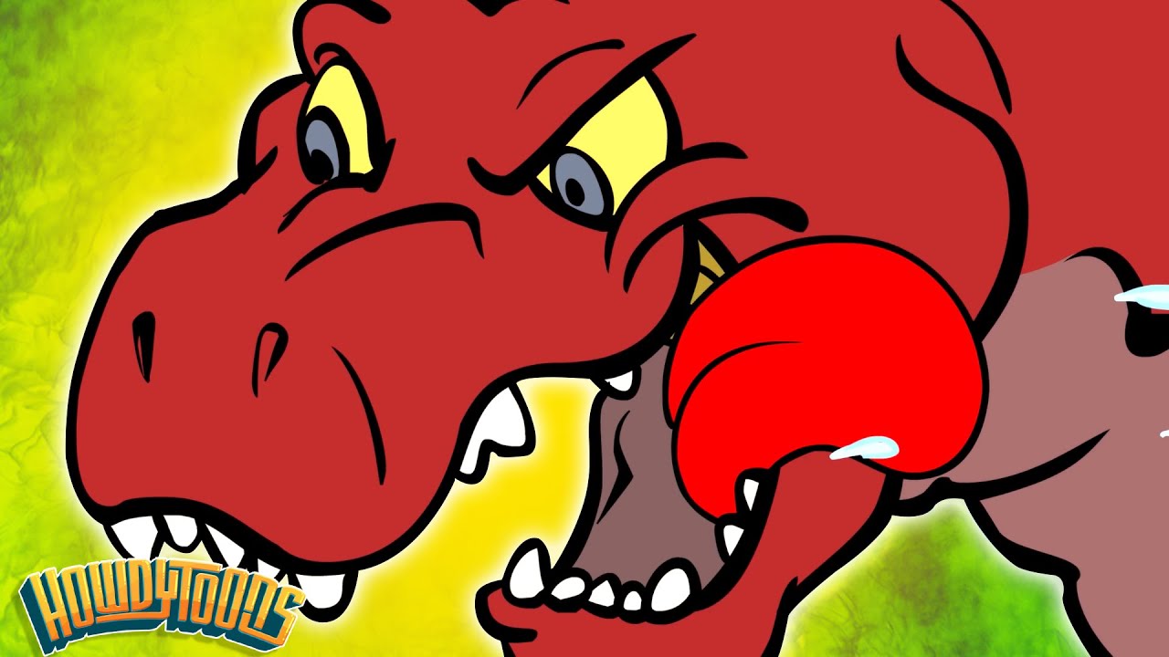 T-Rex Tiranossauro persegue o Triceratops | M&uacute;sicas de Dinossauros | Dinostory por Howdytoons S1E7