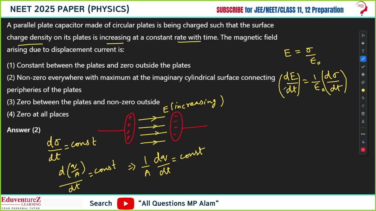 A parallel plate capacitor made of circular plates is being charged such that the surface charge den