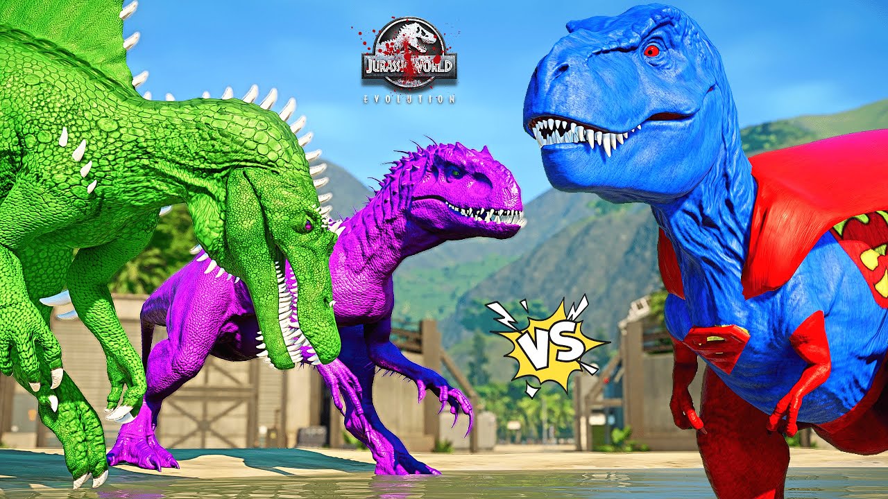 Superman Tyrannosaurus Rex vs Pink I-Rex, Red King Shark, Green Spinosaurus Dinosaurs Fight - JWE
