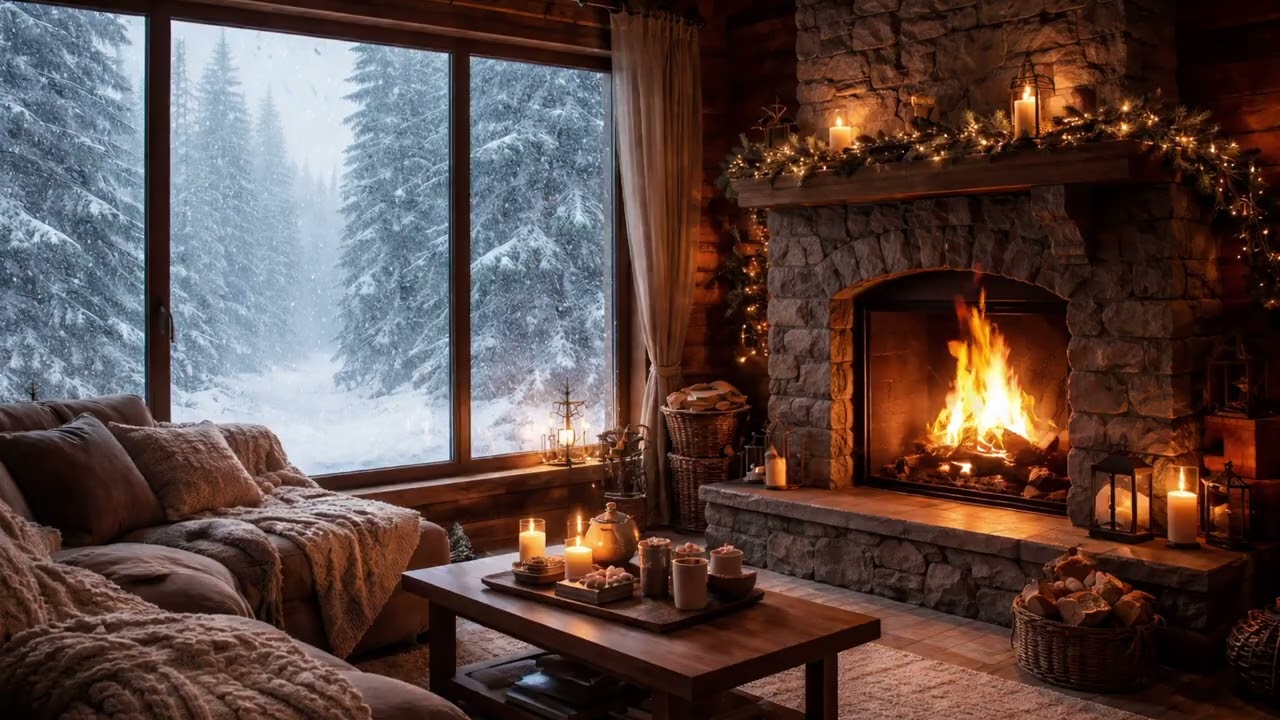 Cozy Cabin With Fire and Snow Sounds | For Sleep