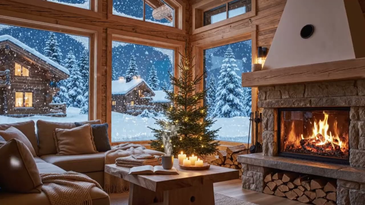Cozy Fireplace + Snow | Soft Piano for Deep Sleep (No Talking)