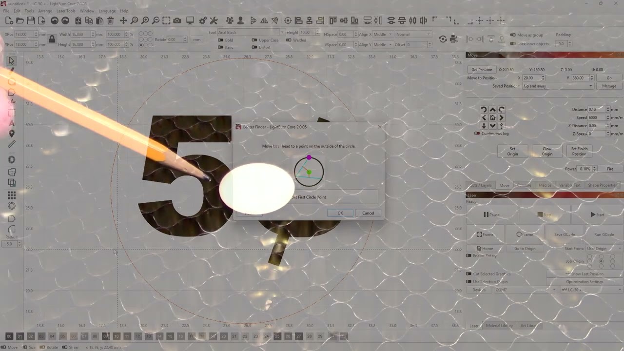 Создание никелевой монеты в LightBurn с помощью инструмента «Поиск центра».