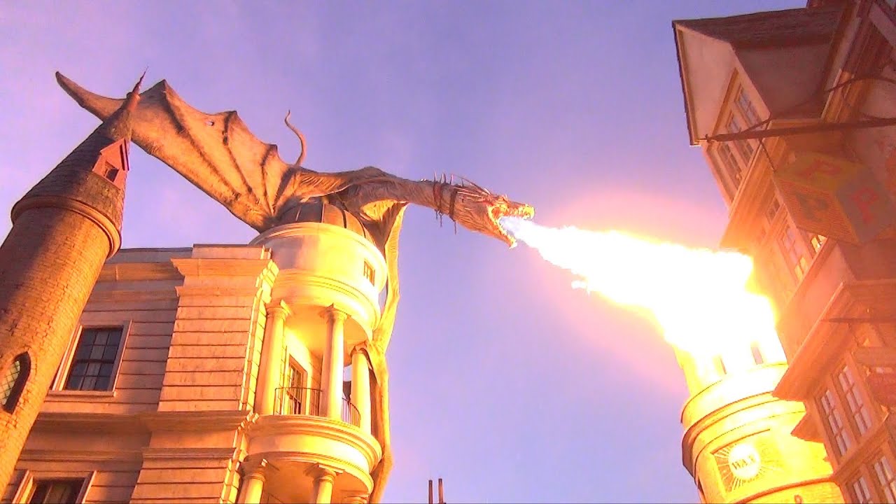 Diagon Alley Gringotts Dragon Breathes Fire Day into Night + Fireworks, Wizarding World Harry Potter