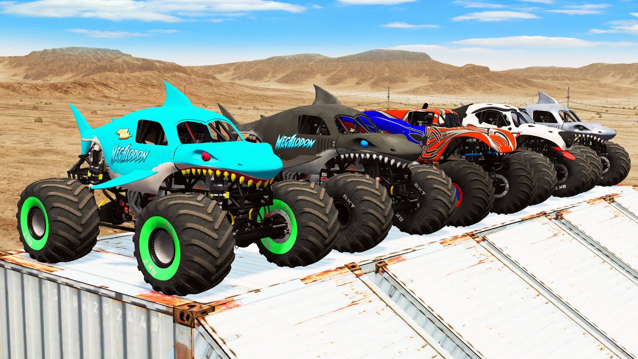 Big Monster Trucks Transport Triple Flatbed with Color Slide#