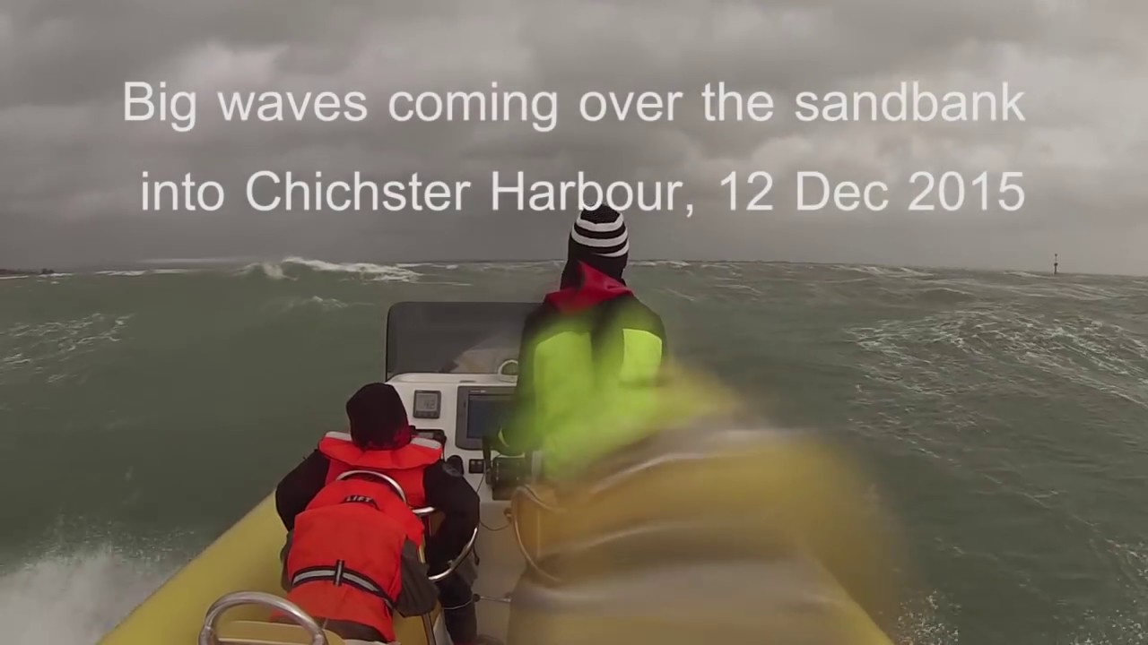 Scorpion Rib going over monster waves Chichester Harbour - bar crossing