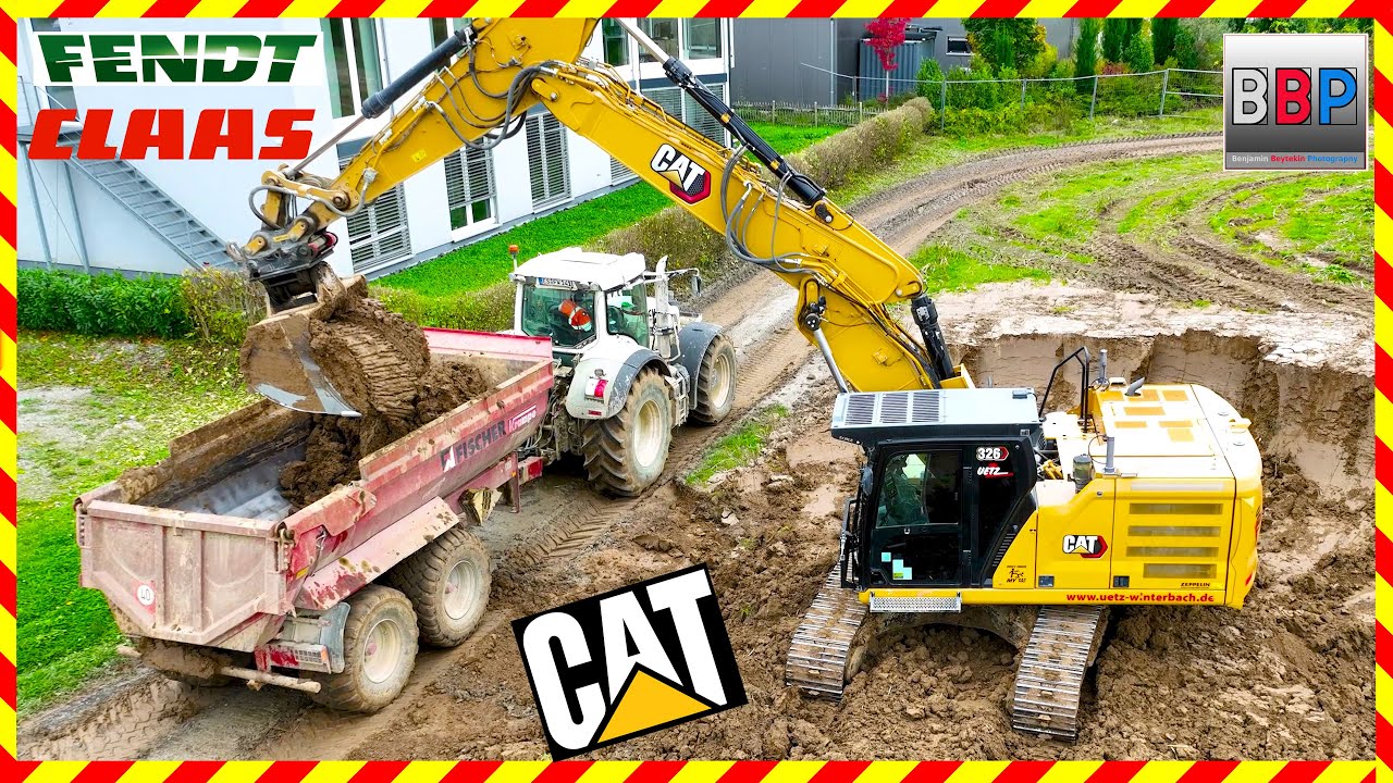 👷 CAT 326 VA & Fendt, Claas Traktoren - Oberbodenabtrag, Winnenden, 2024.  #excavator  #caterpillar