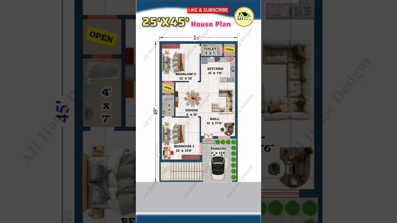 2BHK in 25'x45' Plot | 25*45 House Design with Parking, 25 by 45 House Plan, #floorplan  #shorts