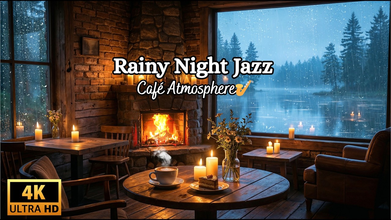 Rainy Night Lake Café 🌧️🌙 ☕ | Fireplace 🔥 Smooth Jazz 🎷 Cozy Ambience for Study 📚 Relax 💤 Sleep 🌌