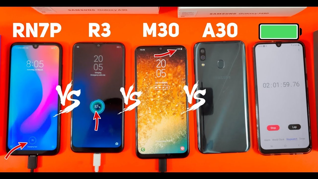 Battery Charging Test - Redmi Note 7 Pro VS Realme 3 VS Galaxy M30 VS Galaxy A30 Comparision!