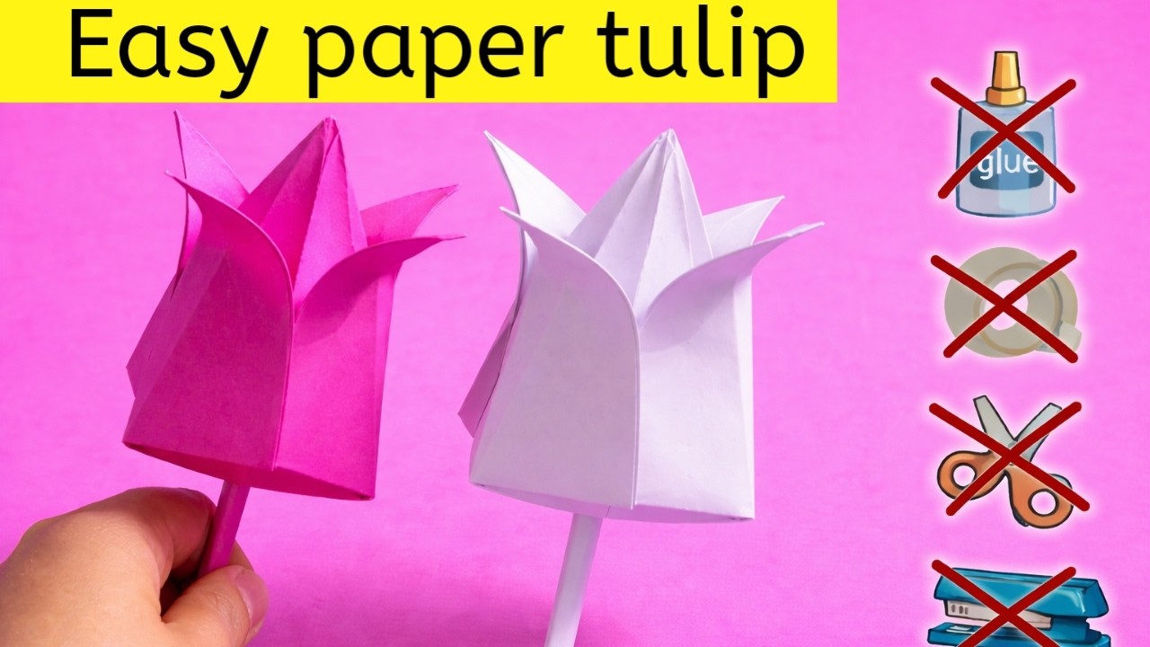 How to make paper tulip|Easy origami tulip|DIY tulip flower|No glue paper craft|Paper flower